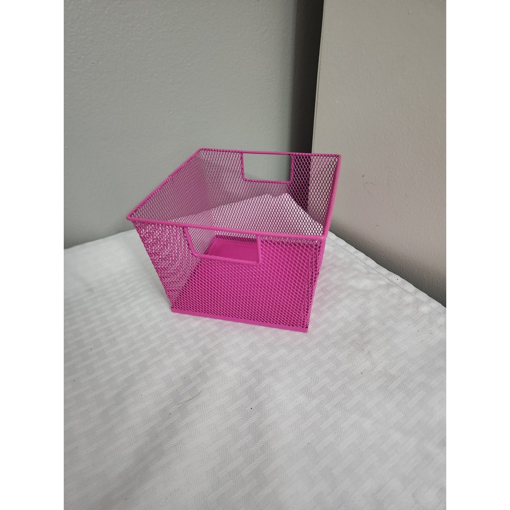 Pink Wire Mesh Storage Basket Square Metal Organizer Bin with Handles